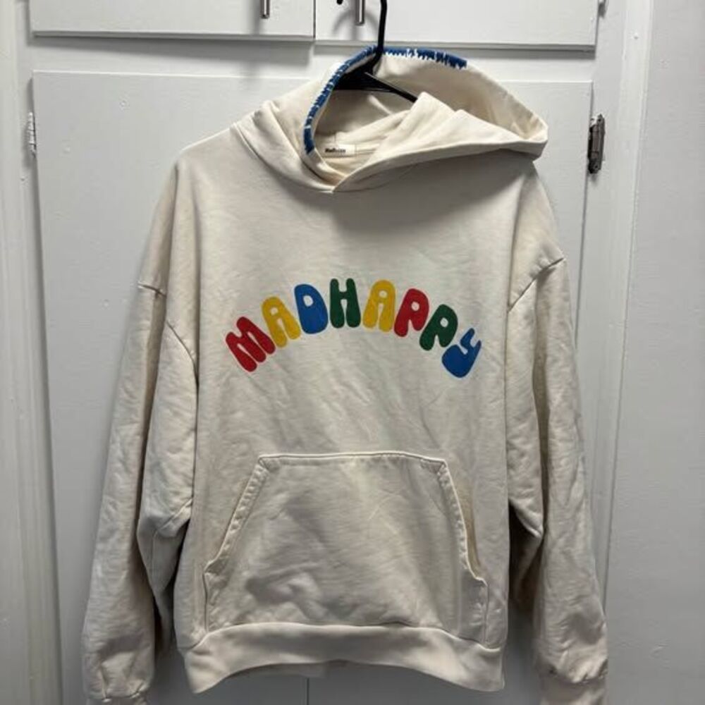 Madhappy Cream Pullover Hoodie Sweatshirt Multicolor Logo Blue Stitching Medium